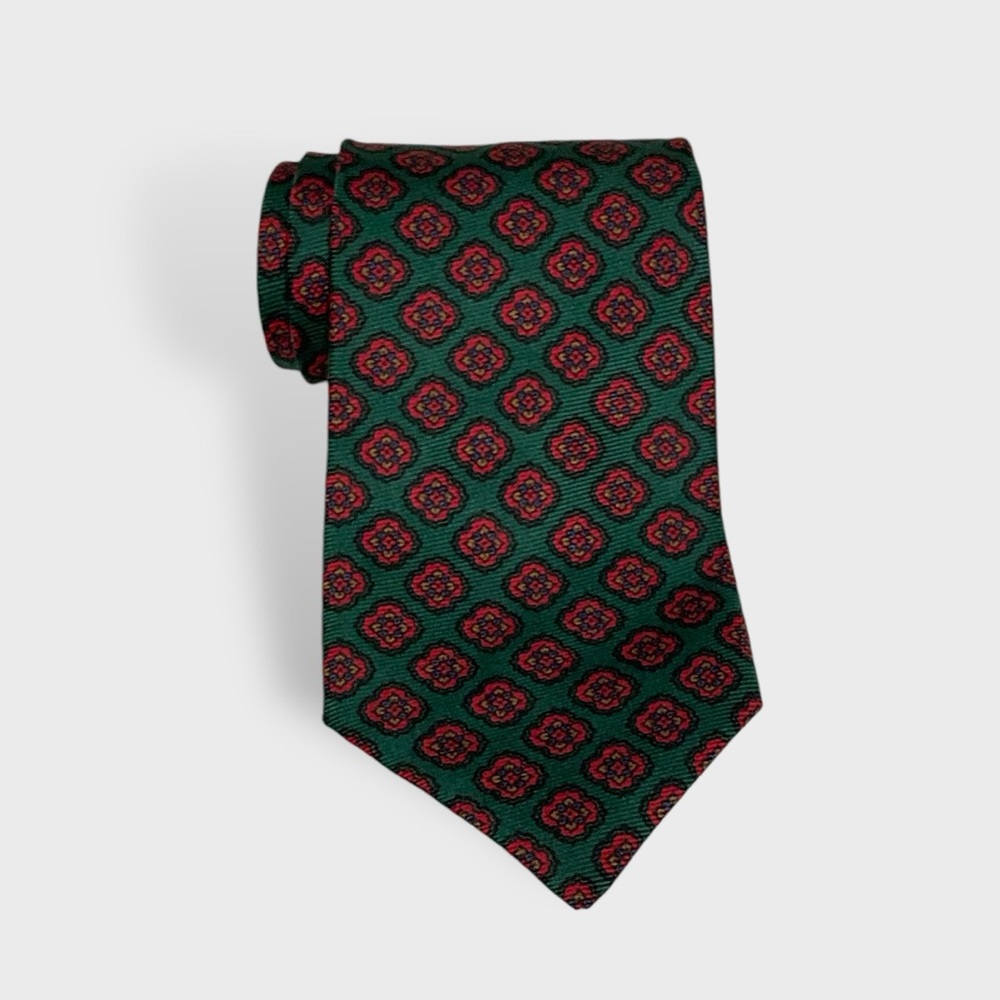 Vintage 80's Burberry’s 100% Silk Floral Print Tie In Green / Red